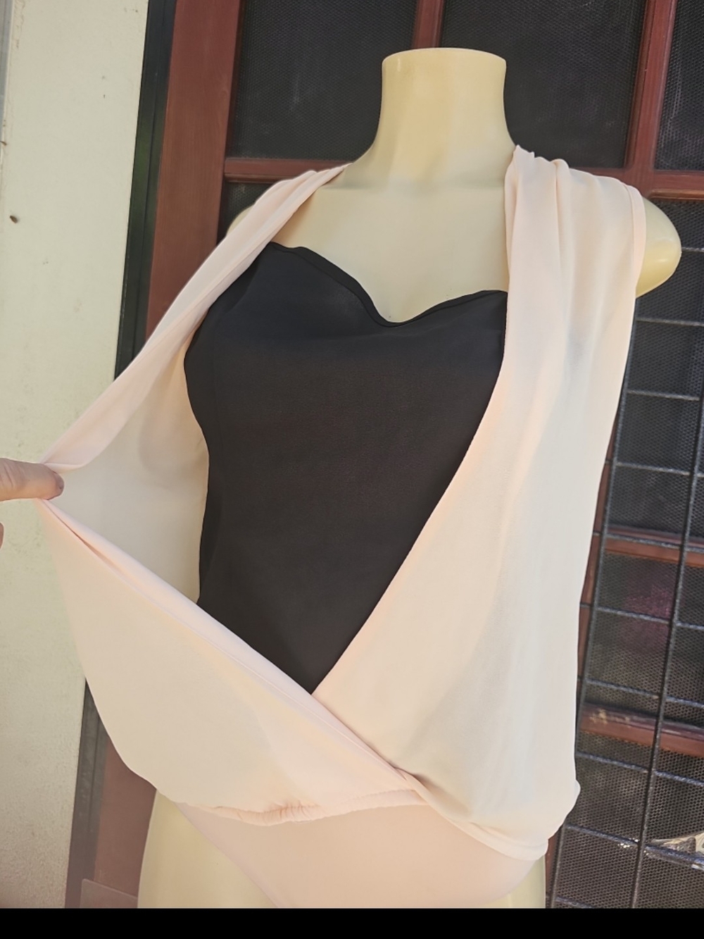 Sleeveless Surplice Bodysuit in Light Pink and Black - Picture 2 of 4